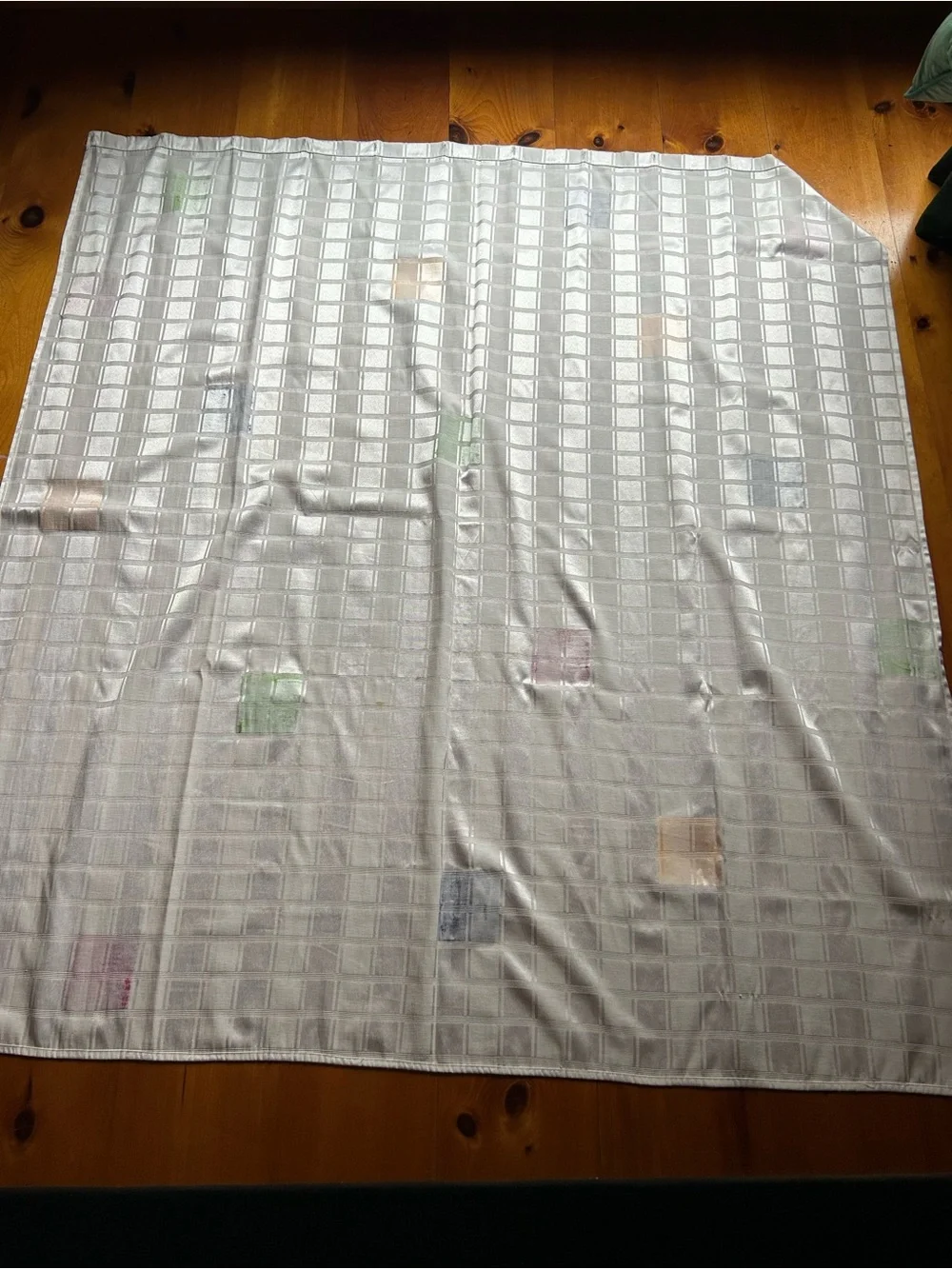 White Shower Curtain with Multicolor Square Accents Design